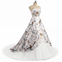 2021 Vintage White Camo Wedding Dress Strapless Lace-up Corset back realtree Camouflage Boho Beach Country Bridal Dresses Vestidos De N 2580