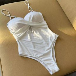 Women's Swimwear White Bodysuit Cross Push Up Bikini Set Girl One Pieces Swimsuit Women Ribbed Bathing Suit Beachwear Summer