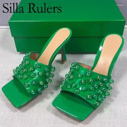 Slippers Patent Leather Beads Plus Size Modern Women Square Toe Peep Different Colours Ladies Slides High Heel Party