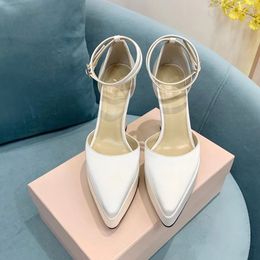 Mach white Satin Platform Pumps chunky heels Ankle Evening shoes Pointed toe women heeled Luxury Designers ankle strap Dress shoe BRIDAL SHOES 0997