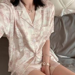Home Clothing Women's 2pcs Cute Print Short Sleeve Button Top And Shorts Pink Sleepwear Soft Comfy Homewear Casual Loungewear Pyjama Set