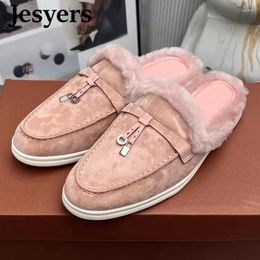 Slippers Winter Flat Closed Toe Half Women Genuine Leather Metal Lock Decor Deep Mouth Sandals Outdoor Vacation Shoes Lazy Mules