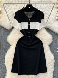 Party Dresses Vintage Knitted Summer Women Sexy Holiday A Line All Match Fashion Turn Down Collar Office Lady Casual