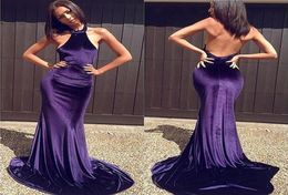 Simple Dark Purple Velvet Backless Prom Dresses Long Halter Count Train Mermaid Party Gowns Custom Made Celebrity Dresses Evening 2644311