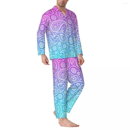 Home Clothing Pyjamas Male White Paisley Leisure Sleepwear Pink To Blue Ombre 2 Pieces Aesthetic Set Long-Sleeve Oversized Suit