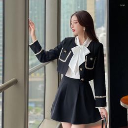 Work Dresses 2024 Autumn Vintage Tweed Two Piece Set Women Black Short Jacket Coat Skirts Sets Small Fragrance 2 Suits