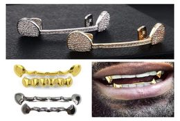 Hiphop Vampire Teeth Fang Grillz 18K Real Gold CZ Cubic Zirconia Diamond Dental Mouth Grills Brace Up Bottom Tooth Cap Rapper Body5702830