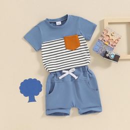 Clothing Sets Fashion Casual Infant Baby Boy Summer Kids Shorts Set Outfit Stripe Print Short Sleeve Pocket T-Shirt With Suits