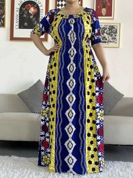 Ethnic Clothing 2023 New African Dashiki Cotton Floral Dress Printed Short Slve Collect Waist Straight Loose African Women Dress with Scarf T240510