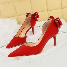 Dress Shoes BIGTREE Korean Version Fashion Party Pumps 7cm Thin High Heels Silk Pointed Toe Side Hollow Crystal Butterfly Knots Lady