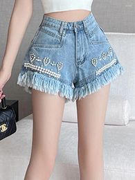 Women's Jeans Casual Studded Diamond Irregular Rough Edge Wide Leg A-Line Denim Shorts 2024 Korean Fashion Clothing