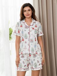 Home Clothing Women Cute Pyjamas Sets Two Piece Outfit Printed Button Down Shirt Shorts Matching Pjs Lounge Set