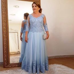 2020 Plus Size Mother of the Bride Dress for Wedding Party Light Blue Lace Tulle 3 4 Long Sleeve Ladies Formal Evening Prom Gowns 2501