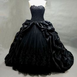 Ballkleid Prinzessin Gothic schwarze Brautkleider Schatz Perlen Applizes Taft Brautkleid Robe de Mariee Manche Longue 230n