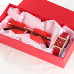 Orologi da polso 2 pezzi Set Women Fashion Cash in pelle Cash Watch Red Quartz Ladies Ombera da sole Abito da sole Orologio Montre Femme