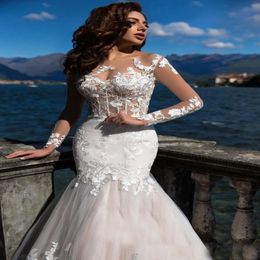 Modern New 2021 Plus Size Illusion Romantic Gorgeous Long Sleeve Lace Mermaid Wedding Dresses Princess Appliques See Through Bridal Gow 194N