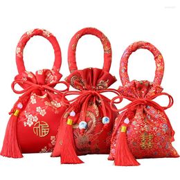 Gift Wrap Red Chinese Style Portable Wedding Candy Bag Brocade Package Drawstring Present Sweets Gifts 14x11cm