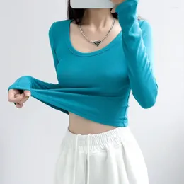 Women's T Shirts Wholesale Autumn Women Crop Top Deep O Neck High Strecth Basic Slim Short Tops Sexy Skinny Solid Long Sleeve Shirt