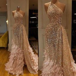 2020 Glitter Mermaid Evening Dresses Champagne Feather Sequins Side Split Lace Formal Party Gowns Custom Made Long Special Occasion Dre 2731