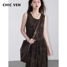 Casual Dresses CHIC VEN Women Loose Round Neck Pleated Sleeveless Printed Long Tank Top Female Dress Spring Summer 2024