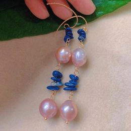 Dangle Earrings 10mm Natural Baroque Pink Pearl Lapis Lazuli Gold Ear Hook Men Hoop Bohemian Diamond Crystal Anniversary Cuff Casual Stud