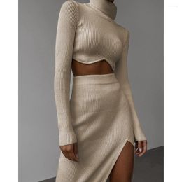 Work Dresses Women Solid Ribbed Asymetrical Long Sleeve High Neck Crop Top & Slit Skirt Set Lady Bodycon Two Piece Dress