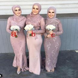 Muslim Satin Long Sleeve Lace Bridesmaid Dresses With Hijab Applique Sheath Wedding Guests dama de honra adulto Maid Of Honour Dresses B 328z