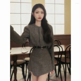 Work Dresses Korean Fragrance Suit Women Temperament Solid Fashion Slim Fit Round Neck Top Belt Short Skirts Autumn Sweet Lady Two Piece Set