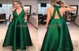 Elegance VNeck Backless Prom Dresses With Pocket Ball Dark Green Satin Formal Juniors Evening Wear Vestido de fiesta Cheap Long P4717860