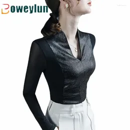 Women's T Shirts Boweylun Retro Mesh Splicing V-neck Tops Women Spring And Fall Skin-friendly Breathable Bottoming Shirt Long-Sleeved Female