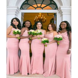 Stylish Pink Cheap Bridesmaid Dresses Long Mermaid Spaghetti Strap Strapless Wedding Guest Dress Satin Party Gowns BM1561 256W