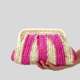 Totes Fashion Striped Straw Clutch Bag For Women Paper Woven Shoulder Crossbody Bags Handmade Casual Summer Beach Bali Purses 2024