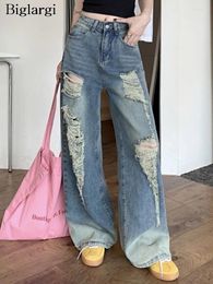 Women's Jeans Spring Summer Retro Long Pant Women Hole Hollow Out Modis Irregular Ladies Trousers Korean Casual Loose Pleated Woman