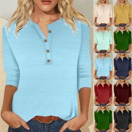 Women's T Shirts T-Shirts For Women Tees Trendy Casual V Neck Colourful Shiny Geometric Print Button Three Quarter Sleeve Female Clothing