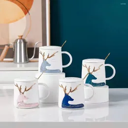 Mugs Nordic Elk Design Ceramic Cup With Lid Spoon Creative Couple Household Christmas Mug Wholesale