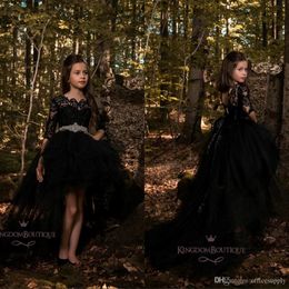 Black High Low Long Sleeve Flower Girl Dresses Lace Applique Ruffles Girls Pageant Gowns Children A Line Kids Prom Party Dress 262Q