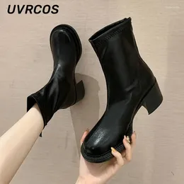 Boots Woman Big-toe Thick-soled Ankle Round Toe Soft Leather Thick High-heeled Style Back Zipper Thin 2024 Winter Arrivals