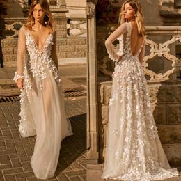 2020 Fall Berta Wedding Dress Sheer Long Sleeve Plunging V Neck Bridal Gowns Sexy Illusion 3D Applique Backless Boho Wedding Dress 349n