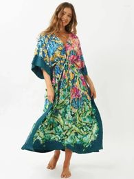 Party Dresses 2024 Green Bohemian Printed Bats Sleeve High Waist Summer Beach Dress Tunic Women Clothing Beachwear Kaftan Maxi N1087