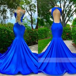 Royal Blue O Neck Long Prom Dresses For Black Girls 2023 Appliques Birthday Party Dress Mermaid Evening Gowns Robe De Ball Gall GW0210 187C