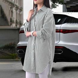 Women's Blouses Korean Style Lapel Shirt Spring Sriped Print Loose Split Hem Vintage Long Sleeve Pocket Women Casual