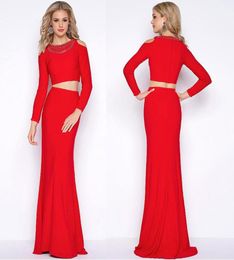 Shiny red mermaid longsleeved beaded twopiece prom dress support customized evening long skirt1130030