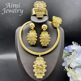 Necklace Earrings Set Elegant Nigerian Dubai 24K Gold Plated Jewellery Copper Bracelet Rings Afican Bridal Wedding Party Gifts