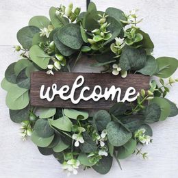 Decorative Flowers Green Eucalyptus Wreath With Welcome Sign Artificial Spring Summer For Front Door Wall Home Decorations