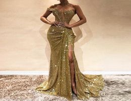 Stunning Gold Mermaid Prom Dress Leg Split Women Evening Party Wear maxi Gowns Custom Made Sequins Sexual Lady Graduation Prom Dre8928890