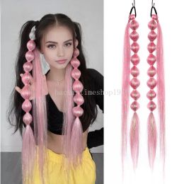 2PCS Long Pink Green Braided Ponytail False Tail For Women Synthetic Hair Extension Handmade Box Braid Drawstring Clip in Hairpieces