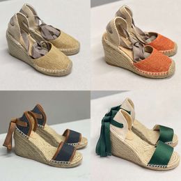 Designers Women Wedge Platform Sandals Espadrille Shoes Real Leather Ankle Lace-up Matelasse Espadrille Ladies High Heel Size 35-41 With Box 037