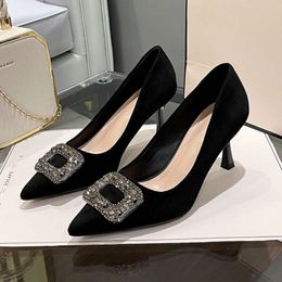 Low Heeled Suede Women's Pumps Pointed High Heels Party Dress 2024 Sexy Square Crystal Elegant Office Shoes