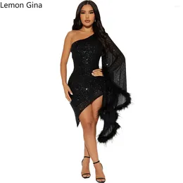 Casual Dresses Lemon Gina Women Feather Clock Long Sleeve Sequined One Shoulder Midi Irregular Dress 2024 Autumn Vestidos Sexy