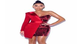 High Quality Red Silver Night One Sleeved Sequin Crepe Tuxedo Blazer Dress Vesdioes9877845